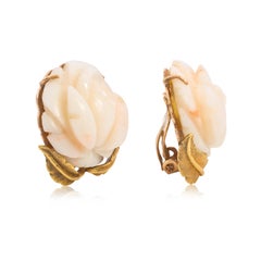 Vintage Angel Skin Carved Coral Fashion Earrings in Yellow Gold