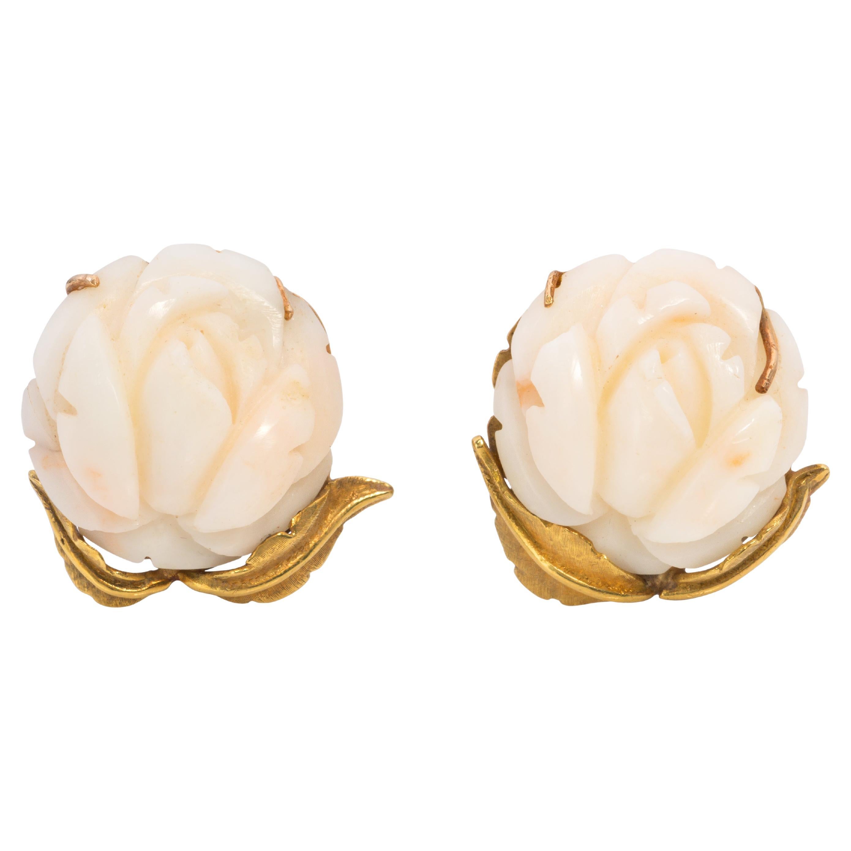 Vintage Angel Skin Carved Coral Fashion Earrings in Yellow Gold