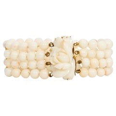 Vintage Angel Skin Carved Coral Multi-Strand Bracelet in Yellow Gold