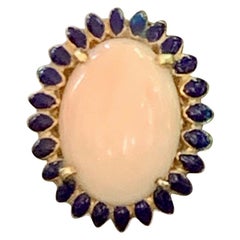 Vintage Angel Skin Coral and Blue Enamel 18 Karat Yellow Gold Ring