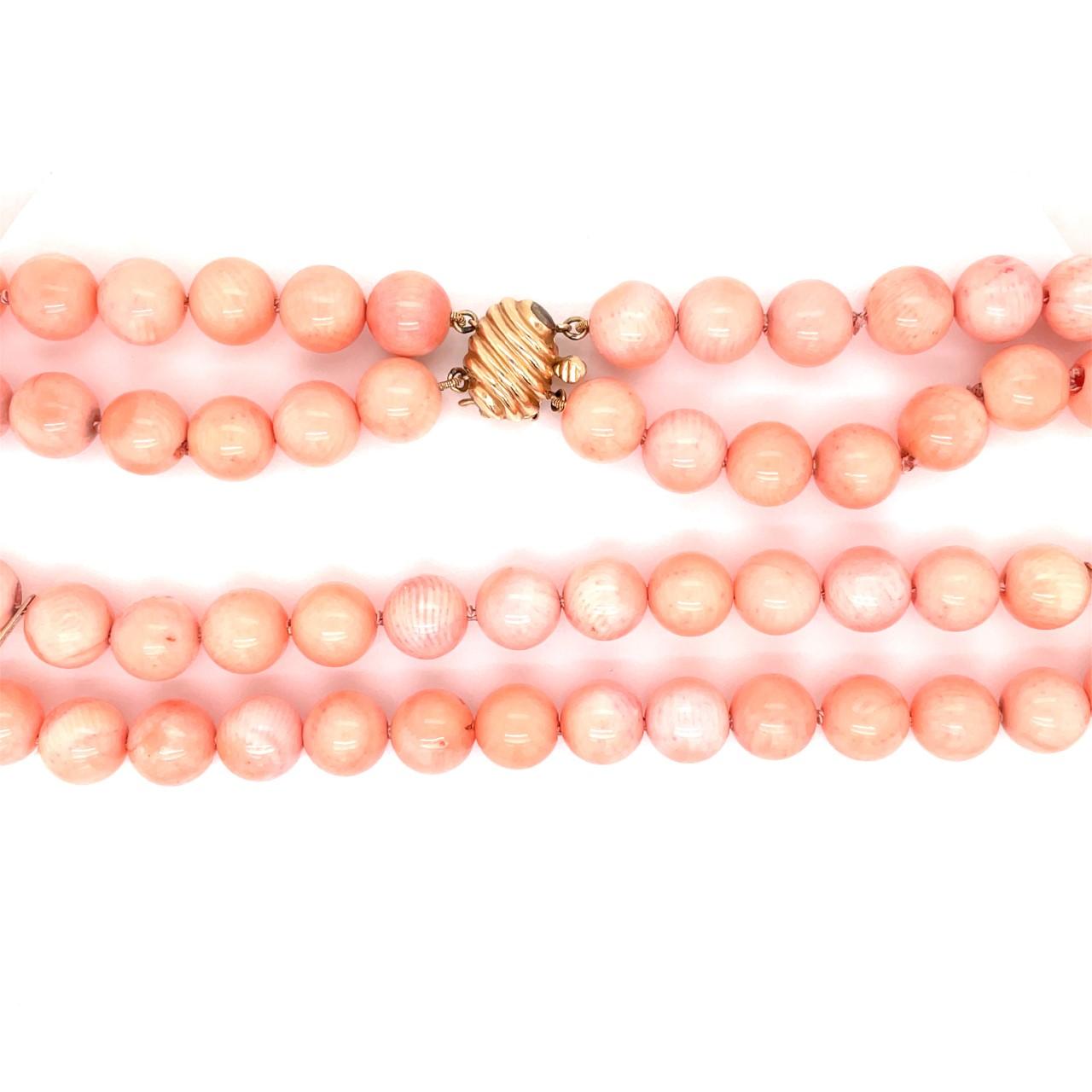 Vintage Angel Skin Coral Bead Double Strand Necklace with 14k Yellow Gold Clasp In Good Condition In Newport Beach, CA