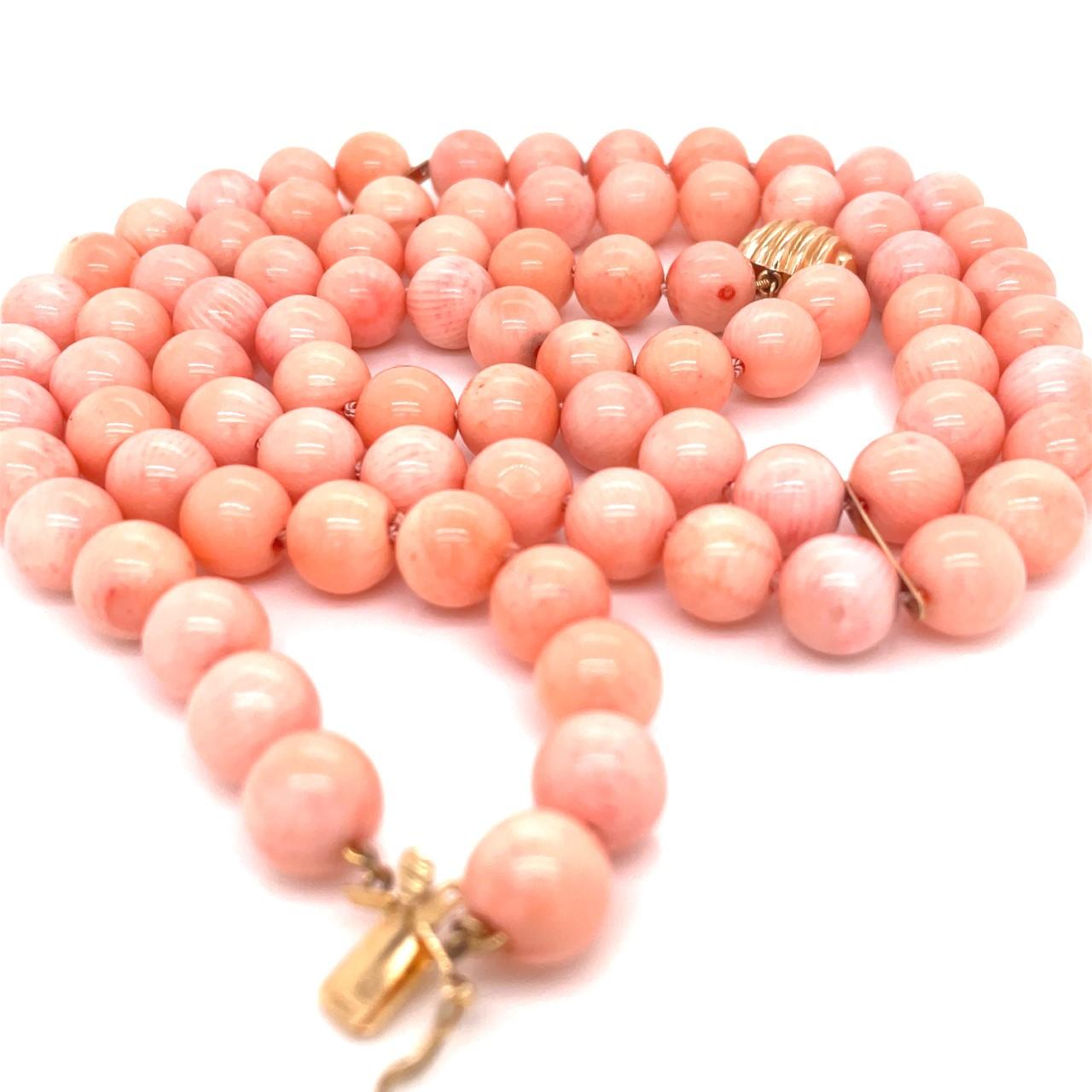 Women's Vintage Angel Skin Coral Bead Double Strand Necklace with 14k Yellow Gold Clasp
