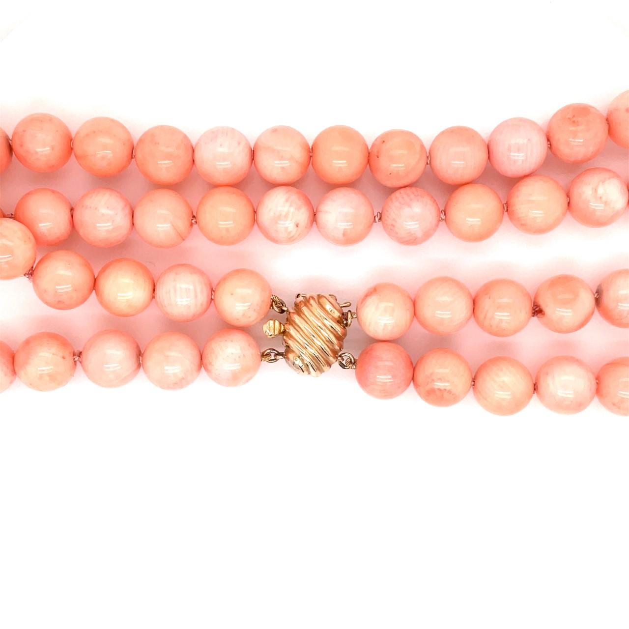 Vintage Angel Skin Coral Bead Double Strand Necklace with 14k Yellow Gold Clasp 1