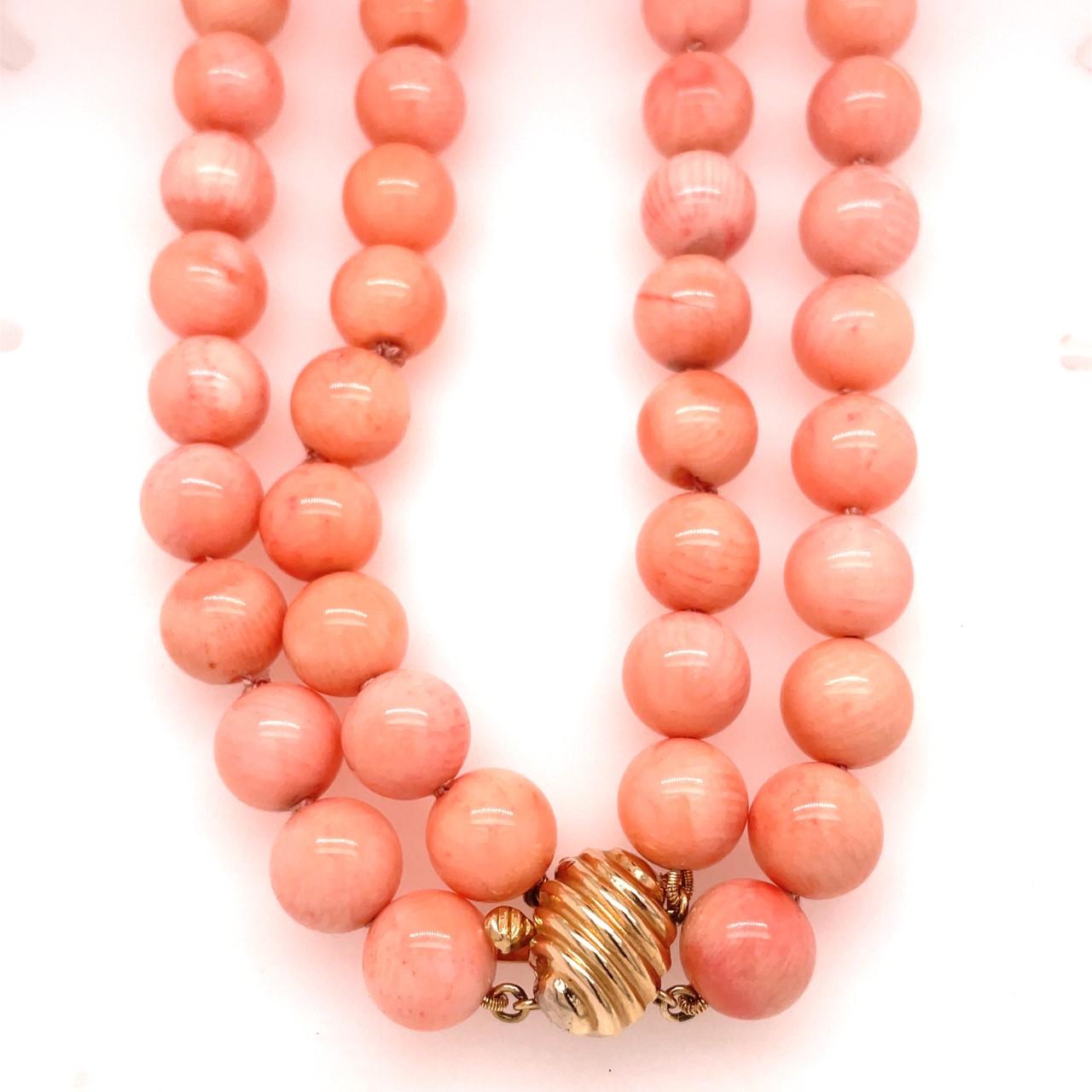 Vintage Angel Skin Coral Bead Double Strand Necklace with 14k Yellow Gold Clasp 2