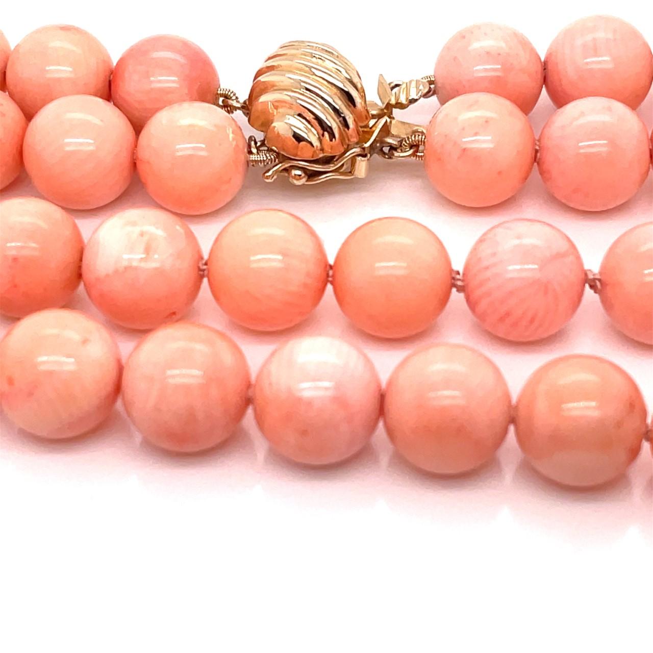 Vintage Angel Skin Coral Bead Double Strand Necklace with 14k Yellow Gold Clasp 3