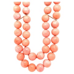 Vintage Angel Skin Coral Bead Double Strand Necklace with 14k Yellow Gold Clasp