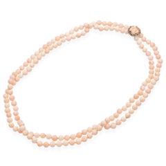 Vintage Angel Skin Coral Bead Double Strand Necklace With Gold Diamond Clasp