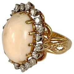 Vintage Angel Skin Coral Cabochon and Diamond 14 Karat Yellow Gold Ring