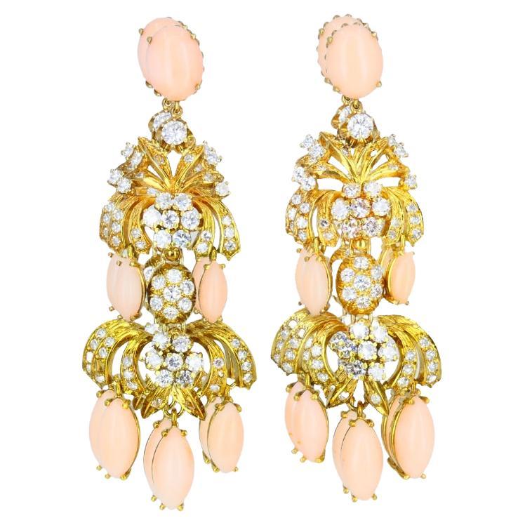 Vintage Angel Skin Coral Dangle Earrings 18k Gold Diamond Estate Jewelry