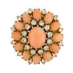 Vintage angel skin coral diamond 18k gold cocktail ring