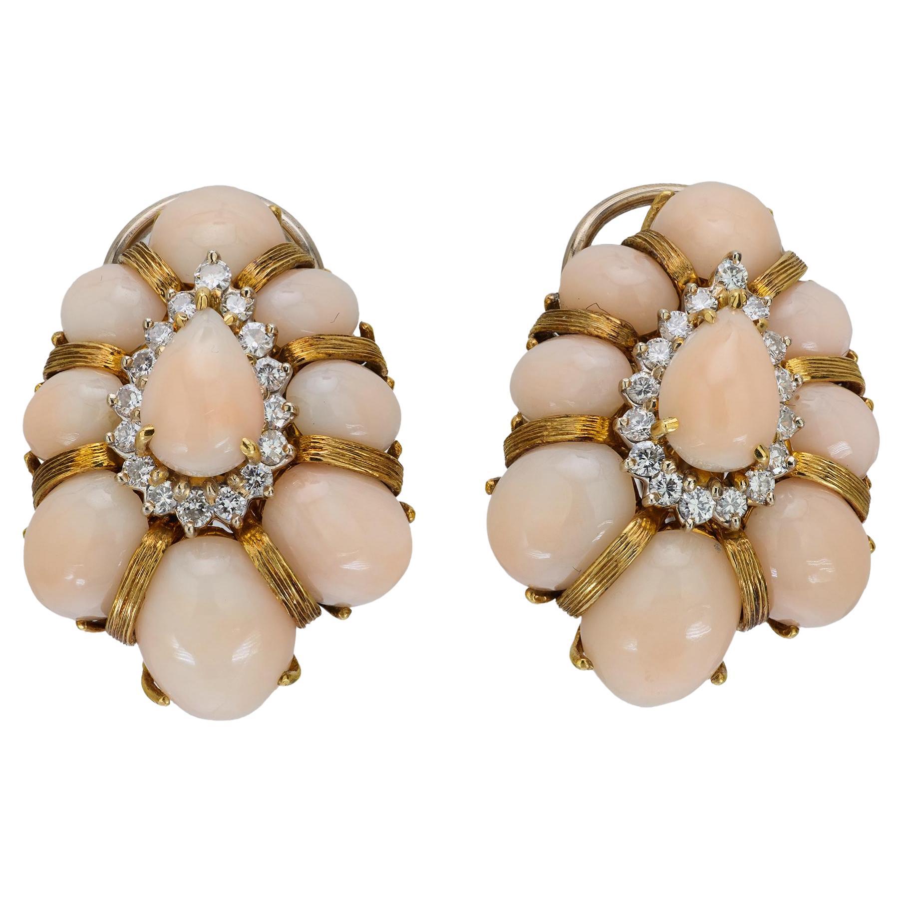 Vintage angel skin coral diamond 18k yellow gold cocktail earrings