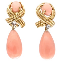 Vintage Angel Skin Coral Diamond Gold Earrings