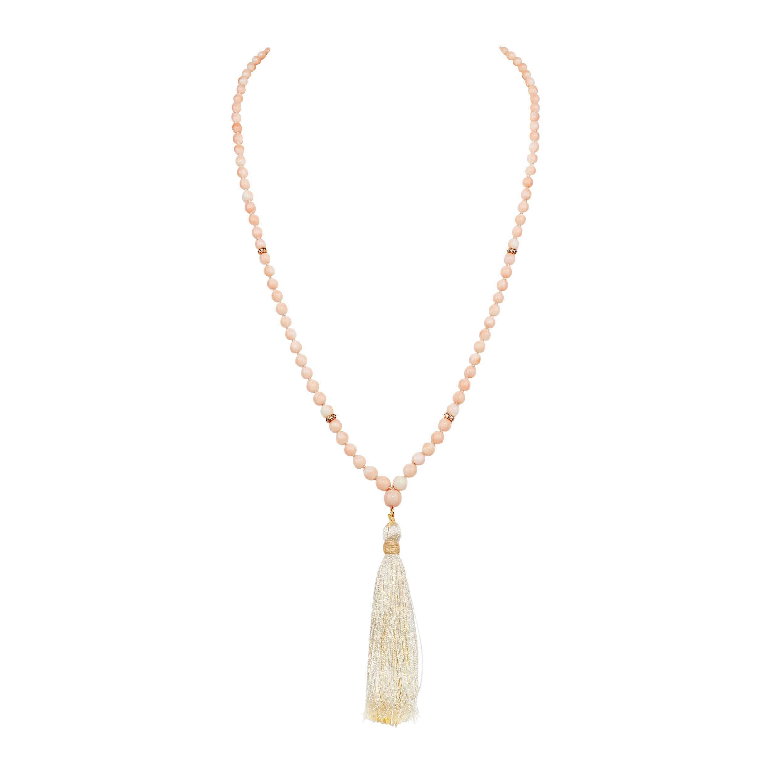 Vintage Angel Skin Coral, Diamond Mala / Prayer / Meditation Necklace in 18k YG For Sale