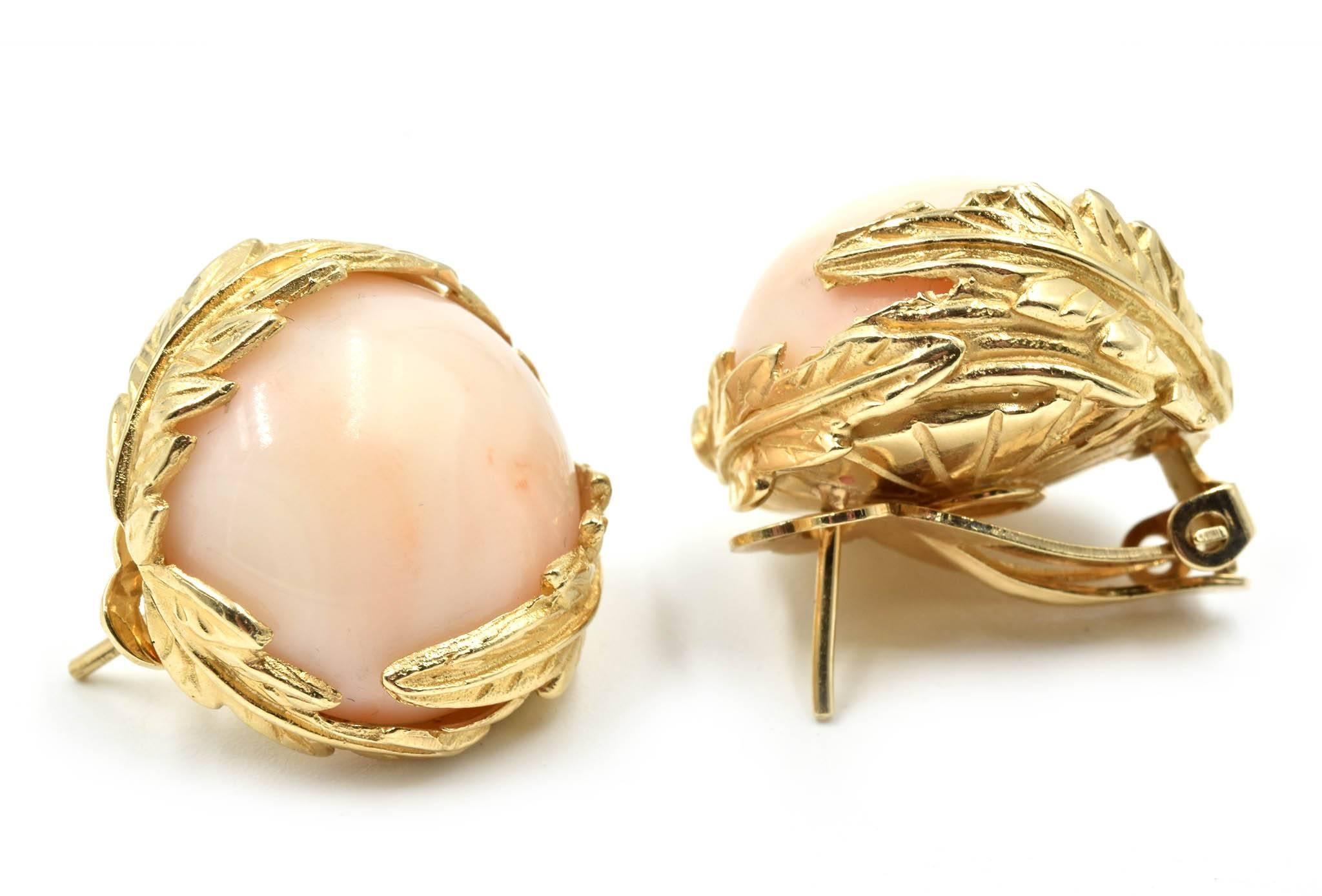 Vintage Angel Skin Coral Earrings 14 Karat Yellow Gold In Excellent Condition In Scottsdale, AZ