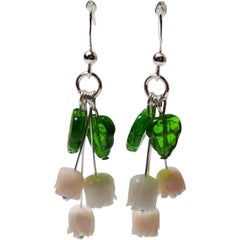 Vintage Angel Skin Coral Tulip Earrings with Green Glass Leaves, Sterling Hooks