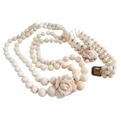 Retro Angel Skin Natural Coral Necklace 17" & bracelet 6.5" set 14K