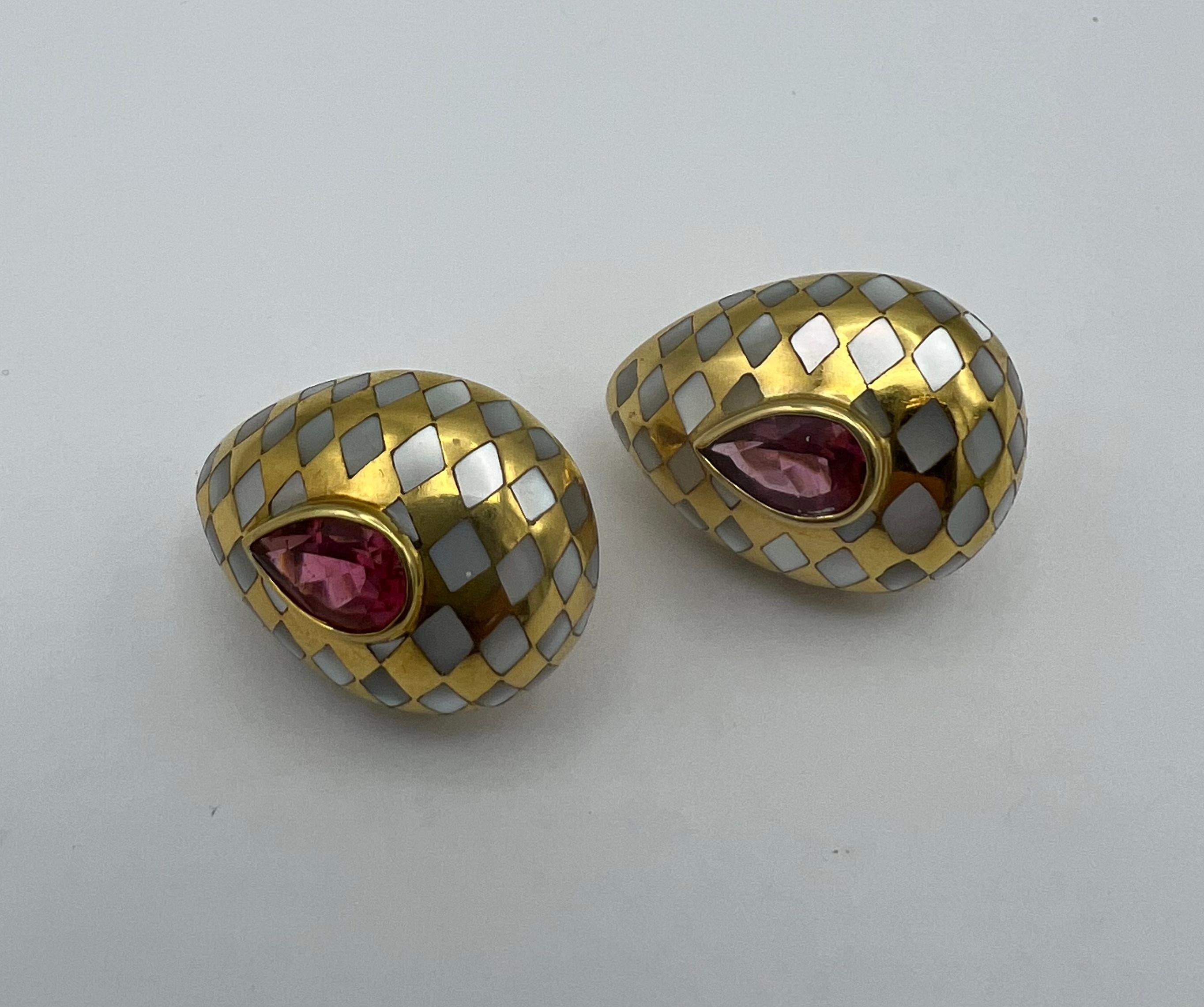 Vintage Angela Cummings Inlayed Pearl, Pink Tourmaline & 18k Gold Earrings In Excellent Condition For Sale In Beverly Hills, CA