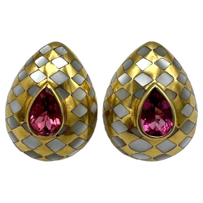 Angela Cummings Ohrringe aus 18 Karat Gold mit Intarsien aus Perle, rosa Turmalin und 18 Karat Gold