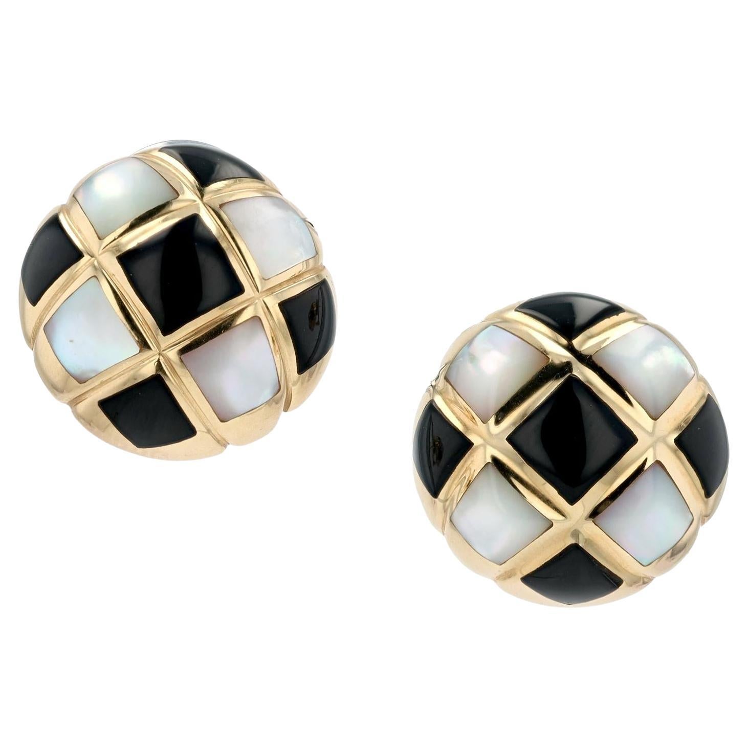 Signed KABANA Black Onyx & Mother of Pearl Checkerboard Earrings For Sale