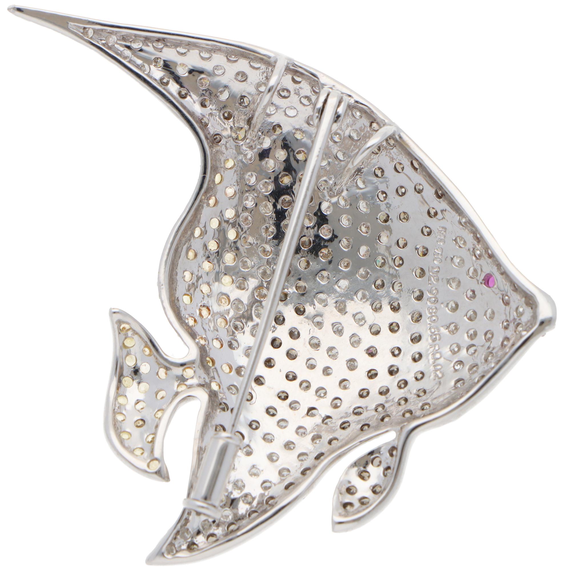 Mixed Cut Vintage Angelfish Diamond and Yellow Sapphire Brooch in White Gold For Sale