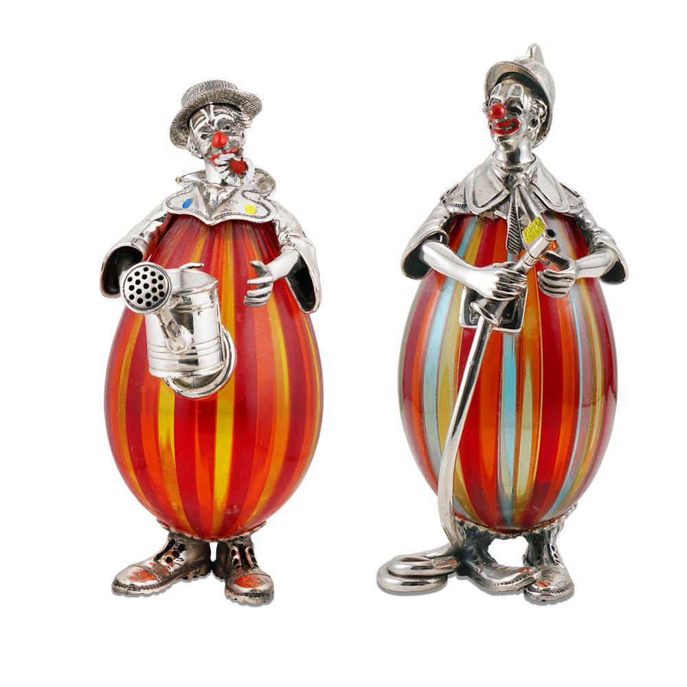 Divine! Finely detailed Vintage Angini  Murano Art Glass, Sterling Silver and Enamel Pair of Gardening Clowns Figurine Containers with Red Enamel on nose, one holding a watering can and the other a watering hose. Italy. Signed: ANGINI. Measuring