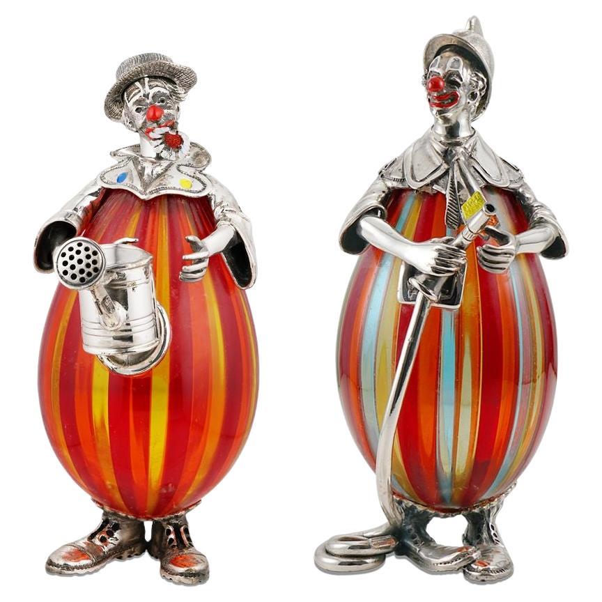 Vintage Angini Murano Art Glass Silver Enamel Gardening Clown Containers For Sale