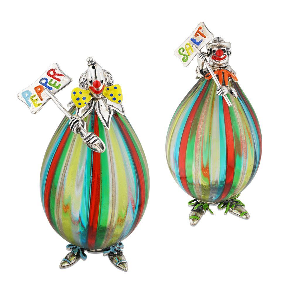 Simply Divine! Finely detailed Vintage Designer Angini Murano Art Glass, Sterling Silver and Enamel Pair of Salt and Pepper Figurine Containers with Red Enamel on noses. One holding a Salt Sign and the other a Pepper Sign. Origin: Italy. Signed: