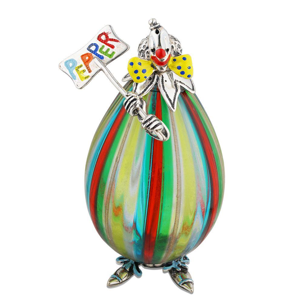 Recipientes vintage Angini de cristal artístico de Murano y plata de ley para sal y pimienta de payaso Posmoderno