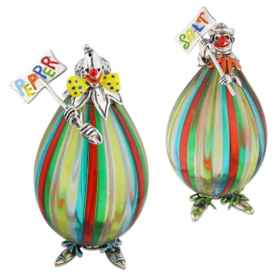 Vintage Angini Murano Art Glass Sterling Silver Salt and Pepper Clown Containers For Sale