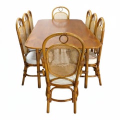 Vintage Anglo-Indian Bamboo & Walnut Dining Table With 8 Chairs c1950