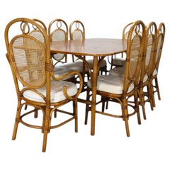 Tavolo da pranzo vintage in stile anglo-indiano in bambù e noce con 8 sedie, 1950 circa