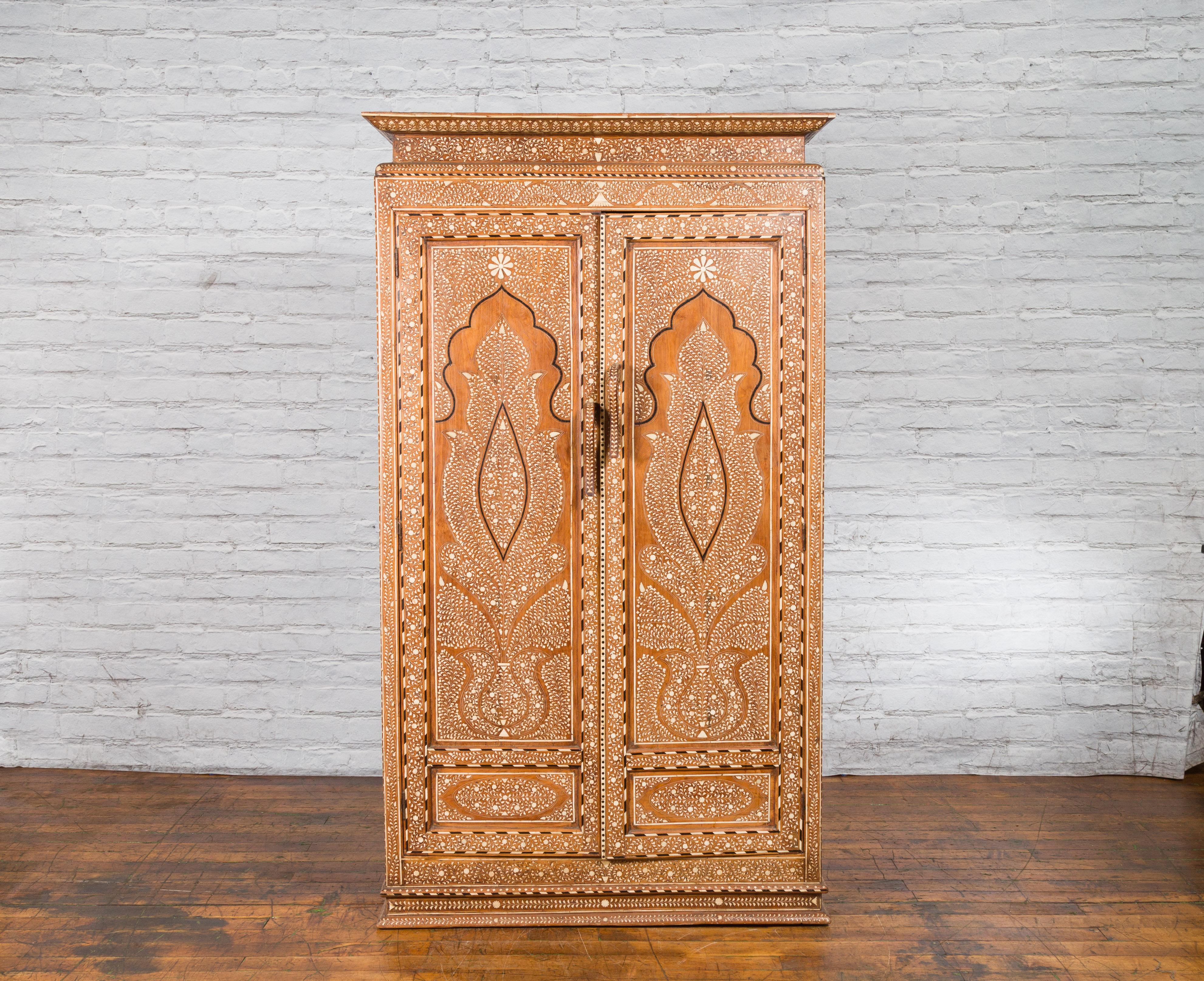 Anglo-Indian Vintage Anglo Indian Bone Inlaid Wardrobe Cabinet with Ebonized Accents