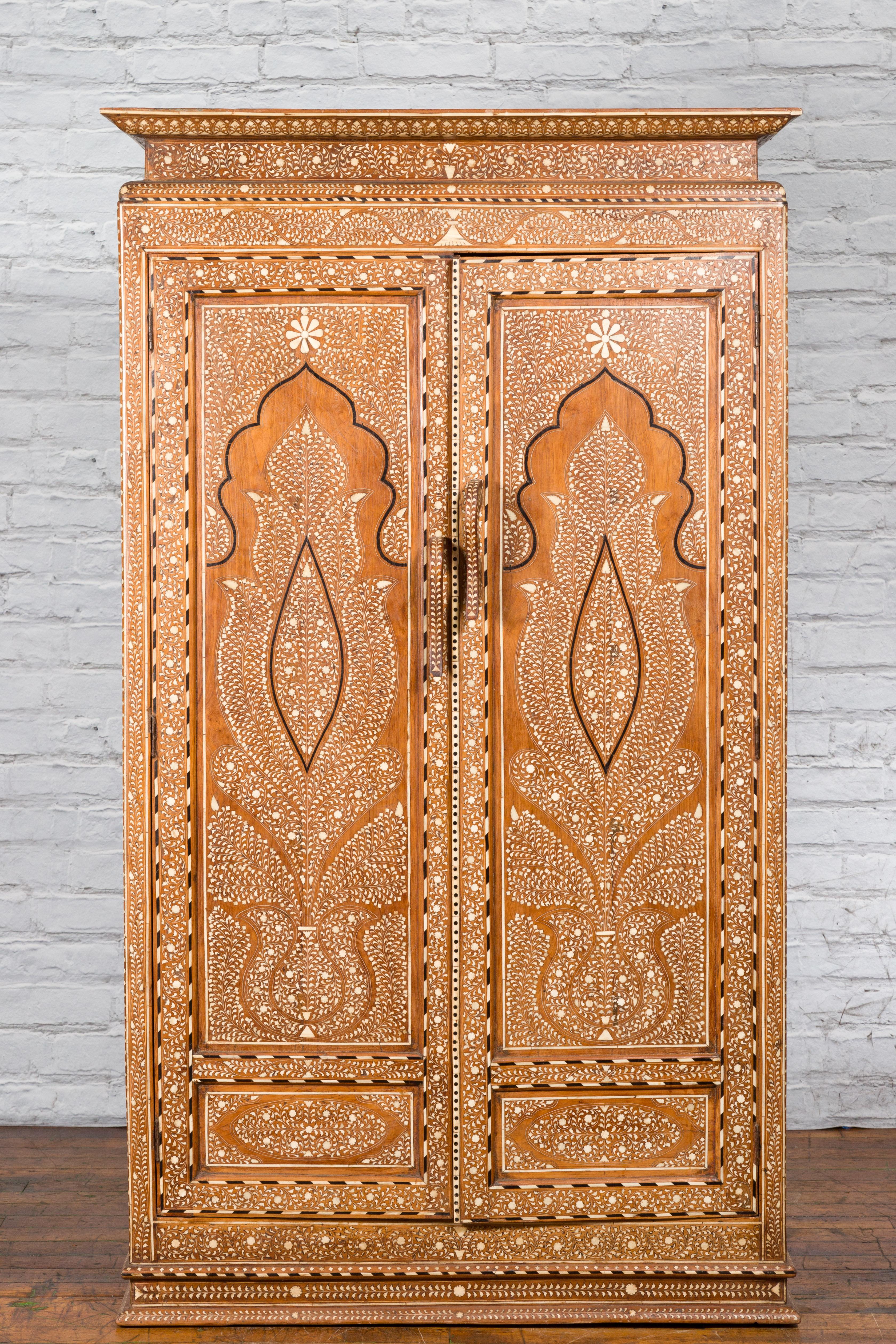 Vintage Anglo Indian Bone Inlaid Wardrobe Cabinet with Ebonized Accents In Good Condition In Yonkers, NY