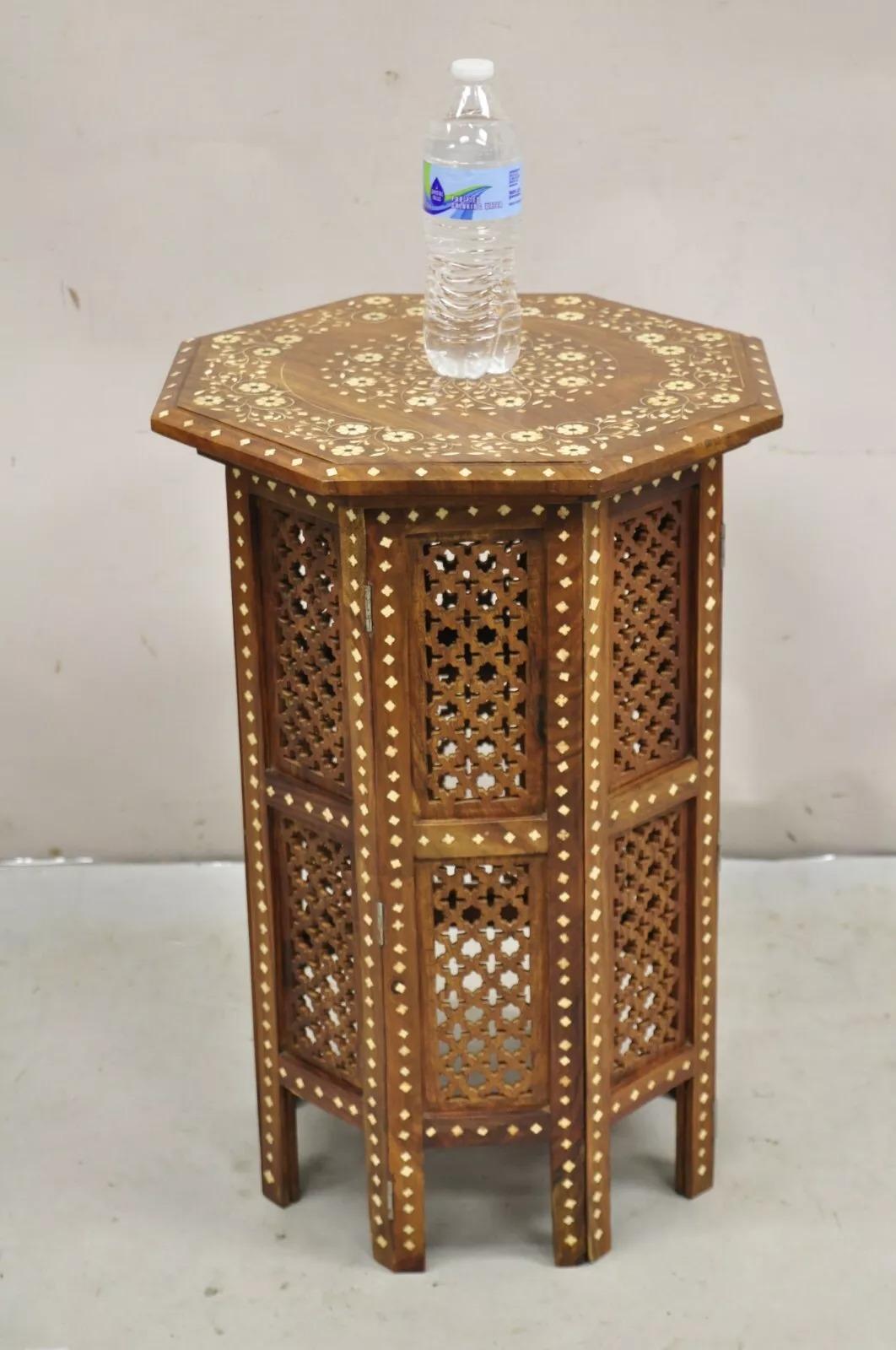 Vintage Anglo Indian Bone Inlay Octagonal Folding Mahogany Wood Side Table 4