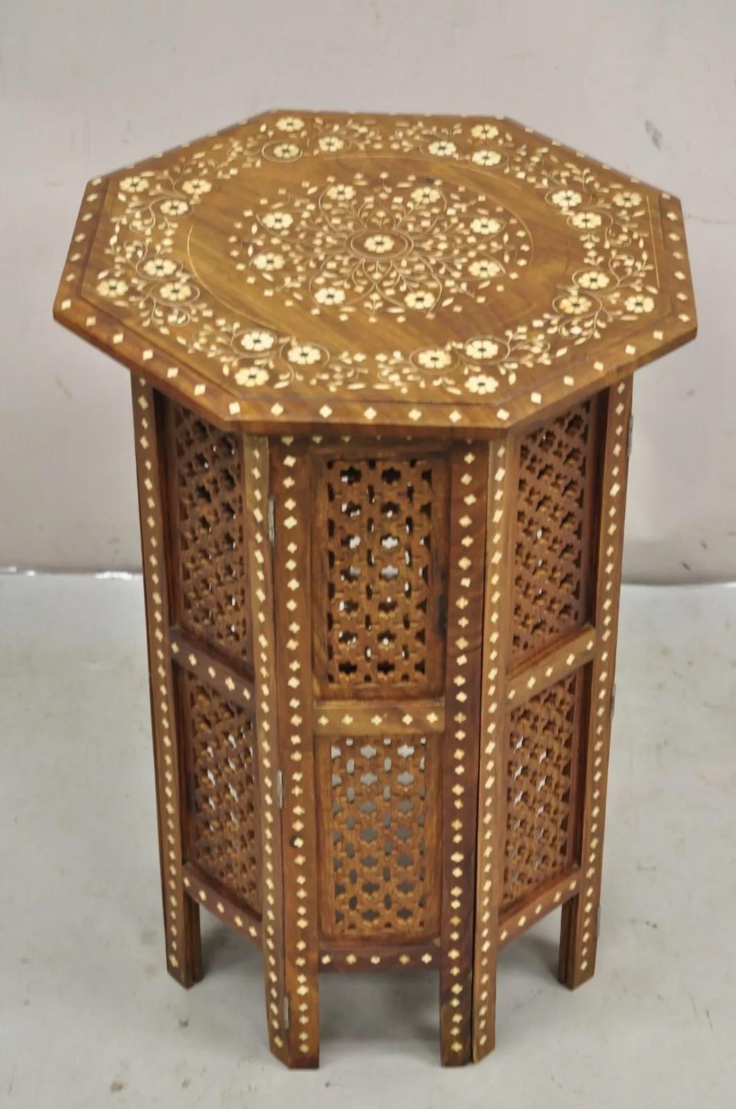 Vintage Anglo Indian Bone Inlay Octagonal Folding Mahogany Wood Side Table 5