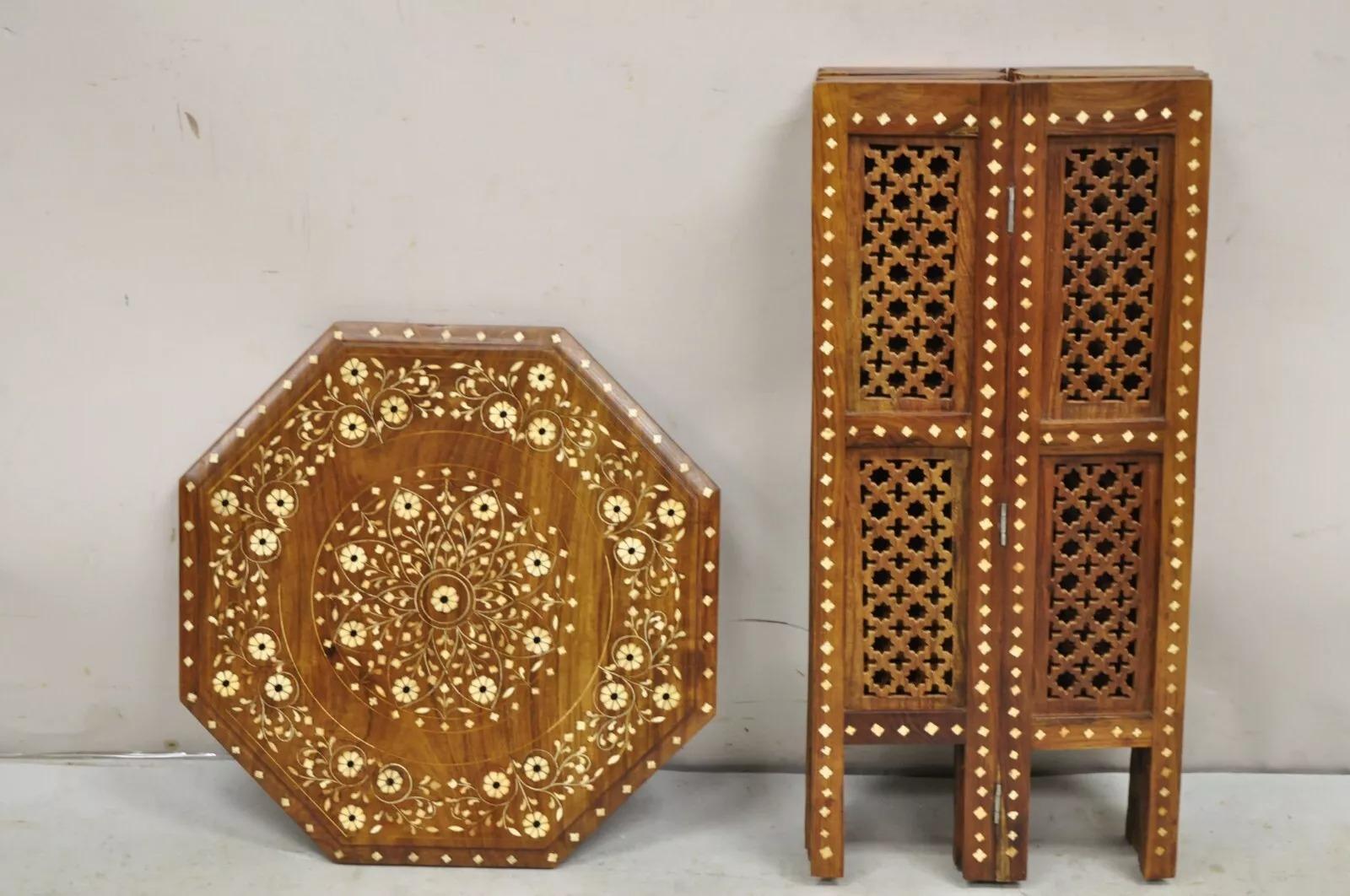 Vintage Moroccan Floral Inlay Octagonal Folding Mahogany Wood Side Table. Circa Late 20th Century. Measurements: 24