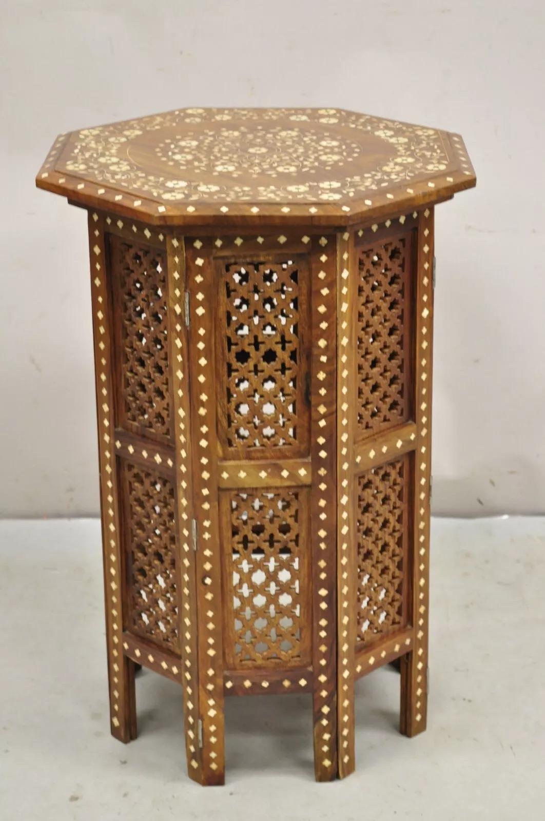 Other Vintage Anglo Indian Bone Inlay Octagonal Folding Mahogany Wood Side Table