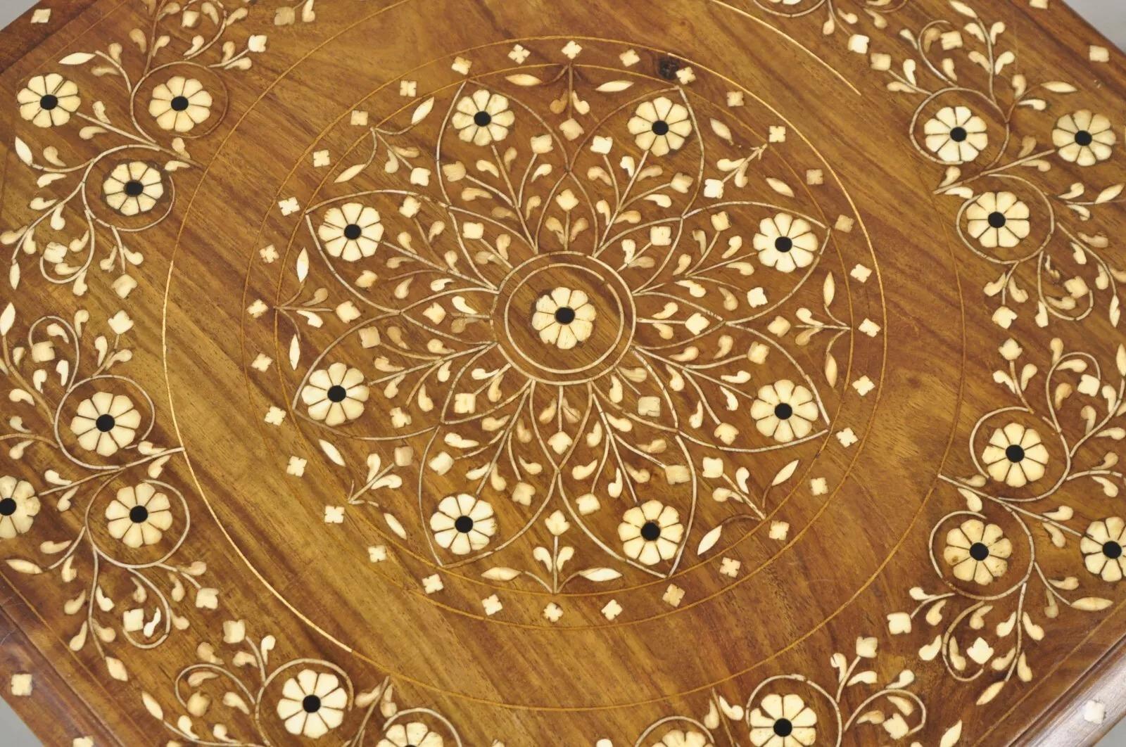 Vintage Anglo Indian Bone Inlay Octagonal Folding Mahogany Wood Side Table In Good Condition In Philadelphia, PA