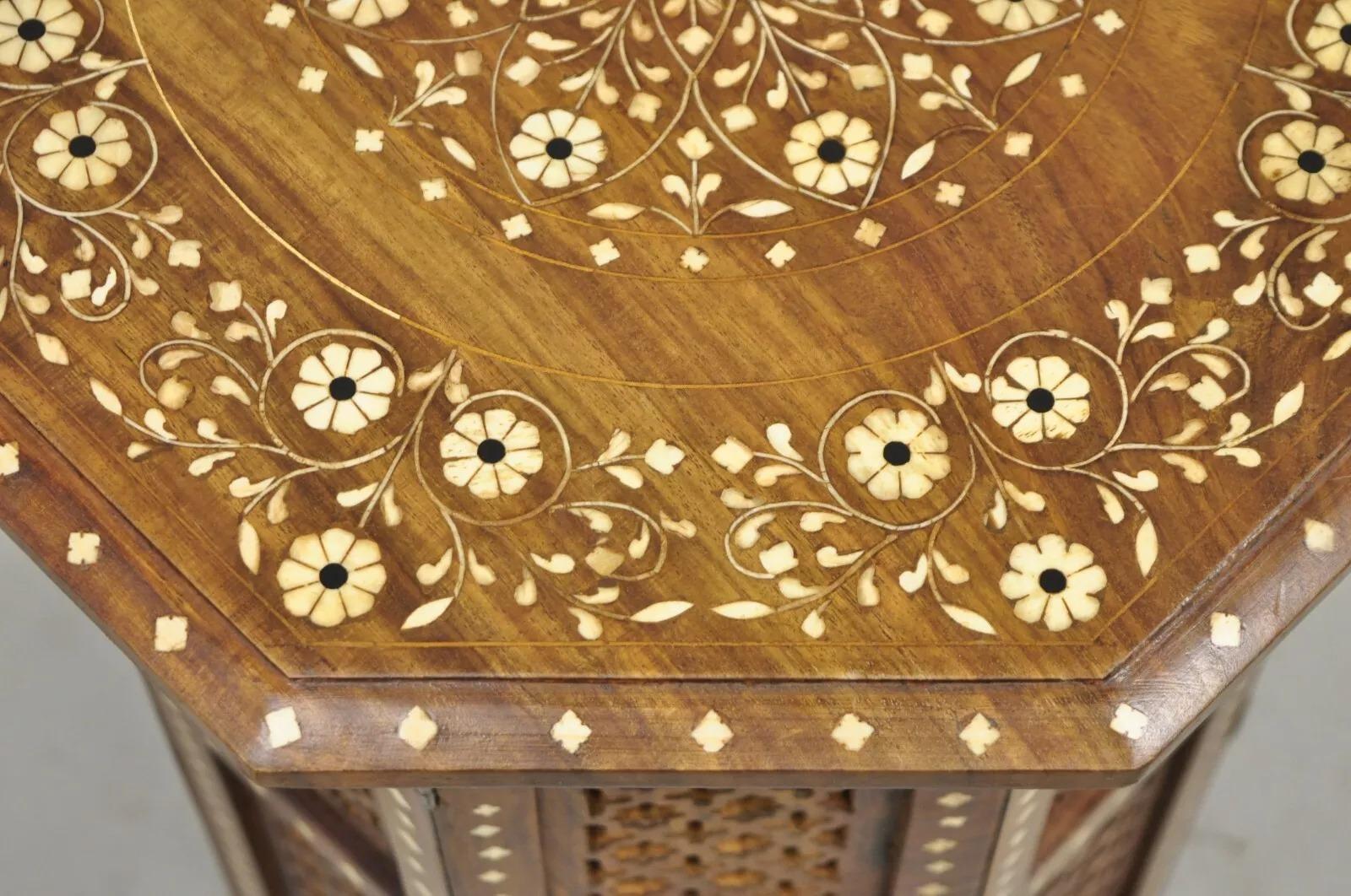 20th Century Vintage Anglo Indian Bone Inlay Octagonal Folding Mahogany Wood Side Table