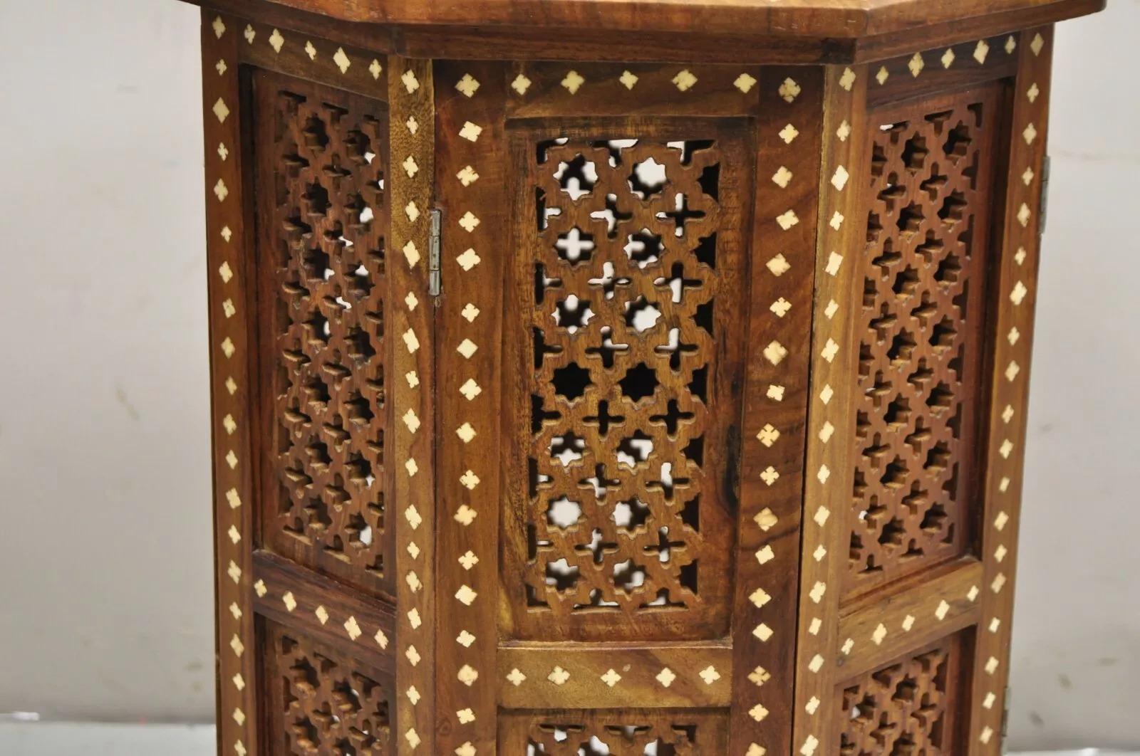 Vintage Anglo Indian Bone Inlay Octagonal Folding Mahogany Wood Side Table 1