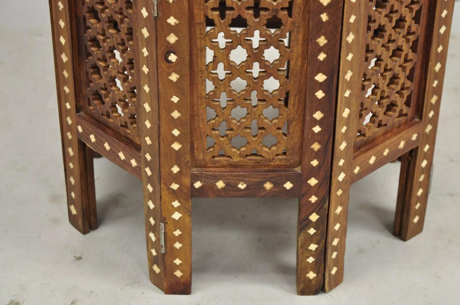 Vintage Anglo Indian Bone Inlay Octagonal Folding Mahogany Wood Side Table 2
