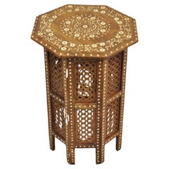 Vintage Anglo Indian Bone Inlay Octagonal Folding Mahogany Wood Side Table