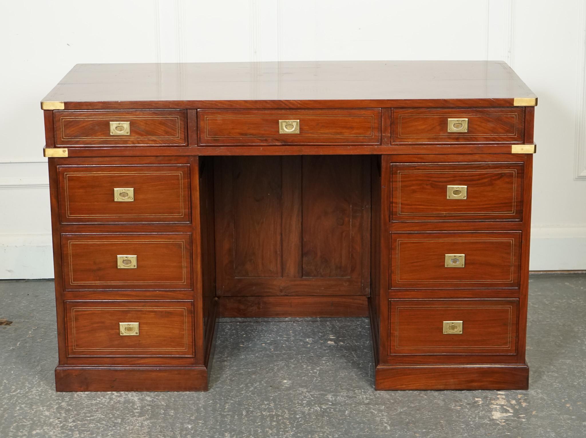 British VINTAGE ANGLO INDIAN BRASS MILITARY CAMPAIGN TWiN PEDESTAL DESK