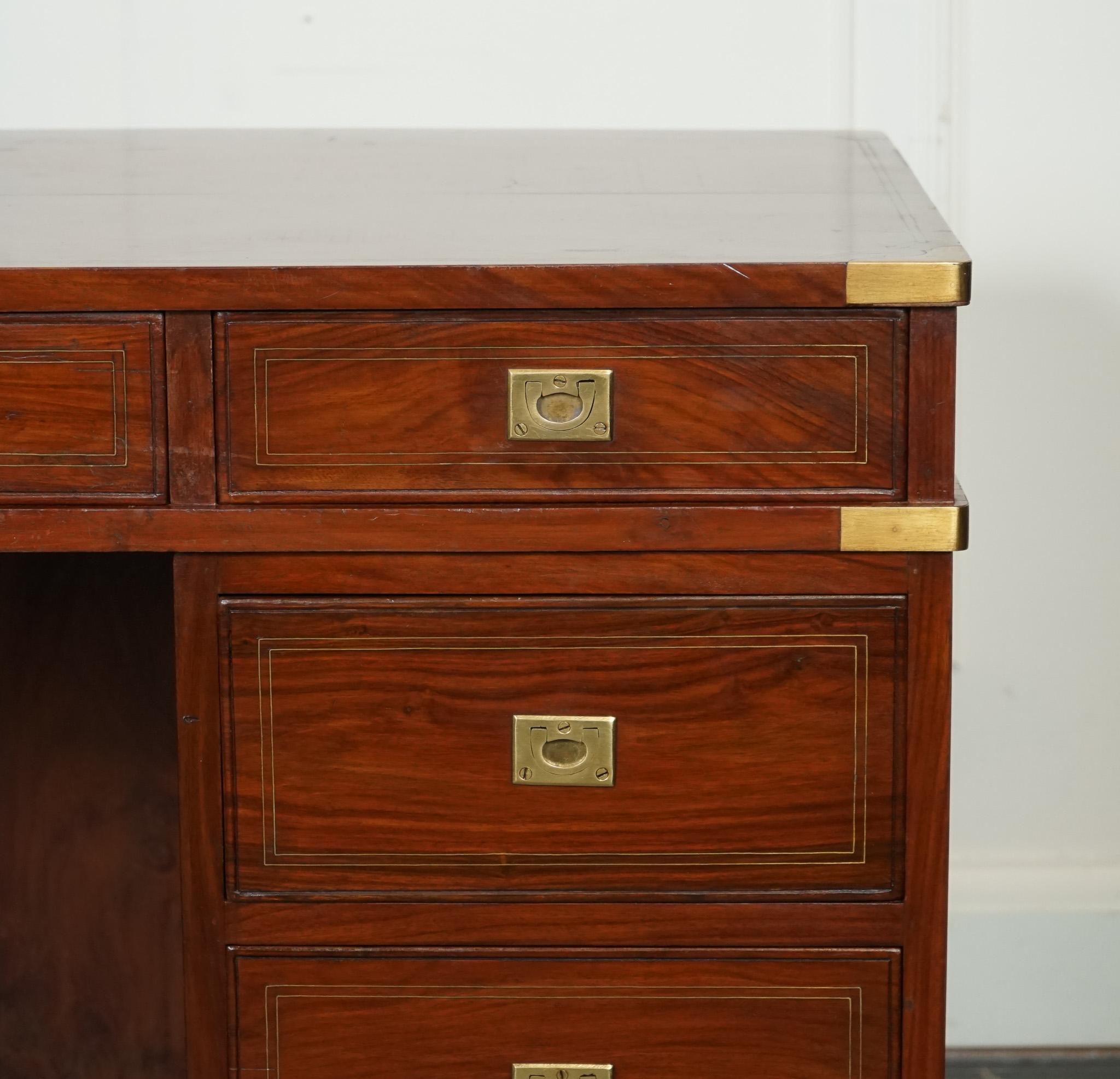 Hardwood VINTAGE ANGLO INDIAN BRASS MILITARY CAMPAIGN TWiN PEDESTAL DESK