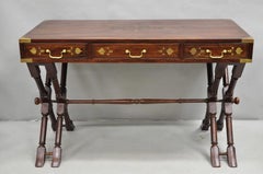 Vintage Anglo Indian Campaign Style Hardwood Curule Writing Desk w/ Brass Inlay