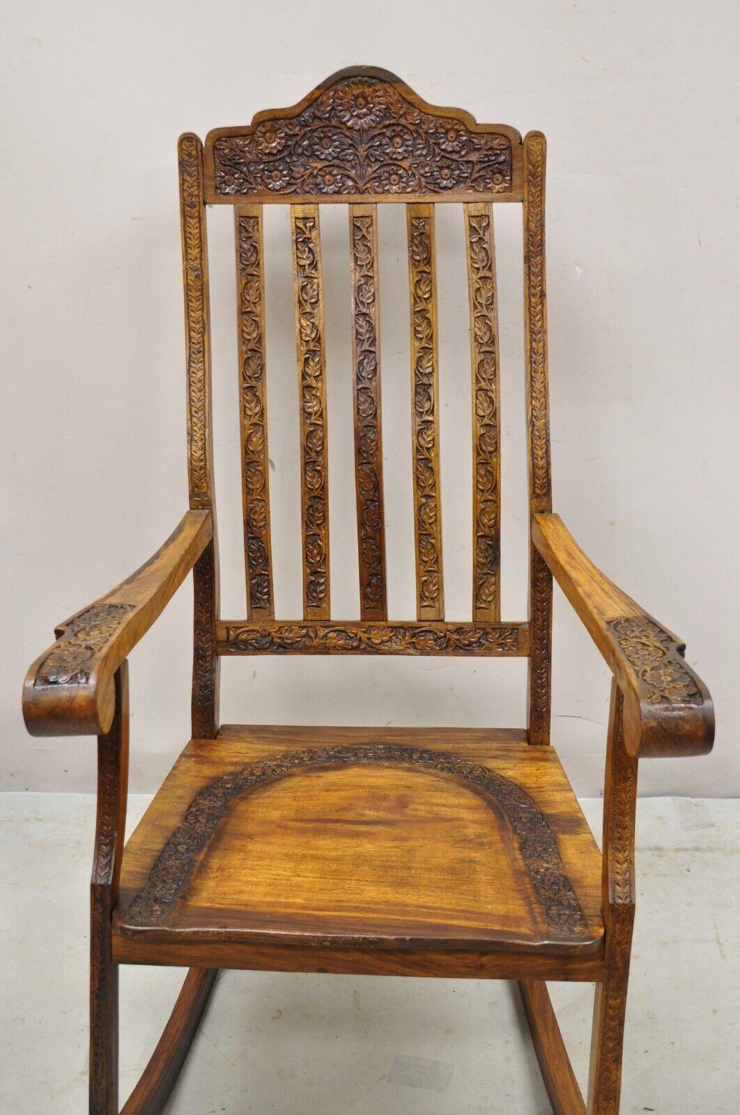Vintage Anglo Indian Carved Teak Wood Rocking Chair Rocker For Sale 4