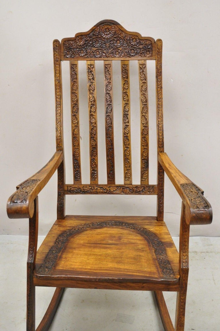 Vintage Anglo Indian Carved Teak Wood Rocking Chair Rocker For Sale at ...