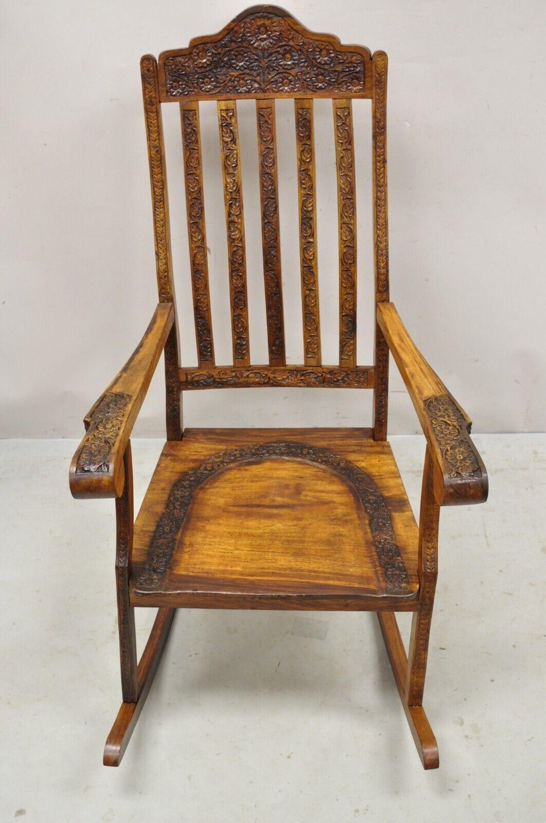 Vintage Anglo Indian Carved Teak Wood Rocking Chair Rocker For Sale 5