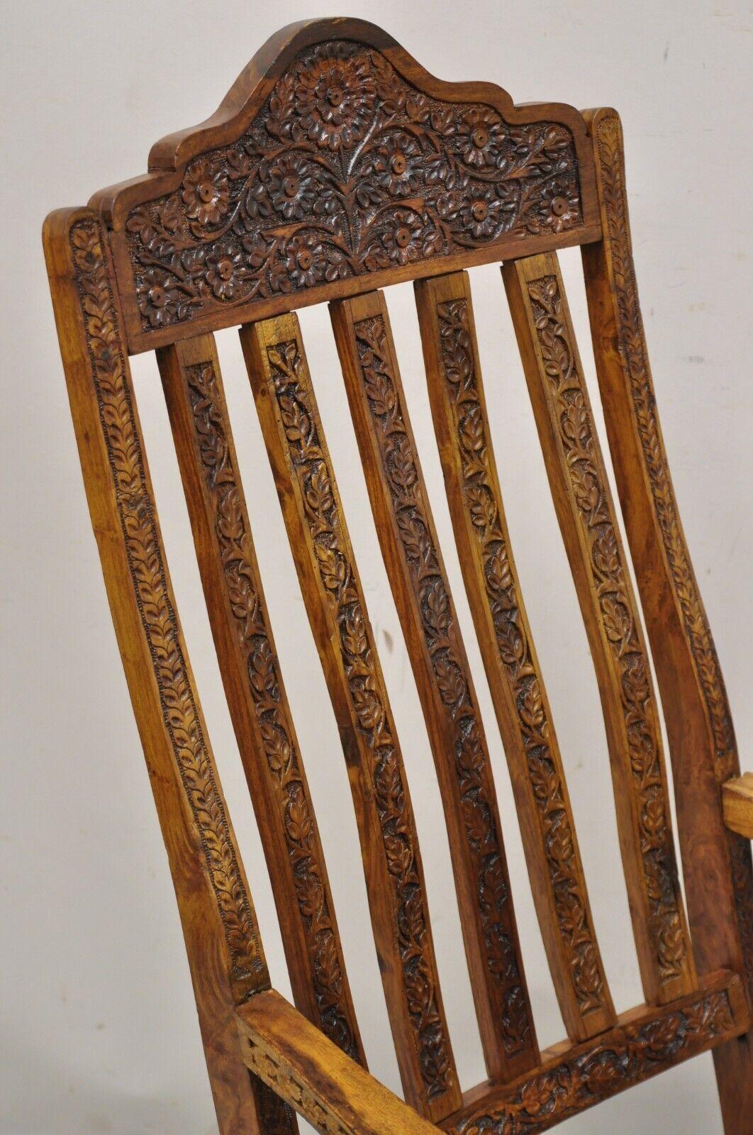 Vintage Anglo Indian Carved Teak Wood Rocking Chair Rocker For Sale 6