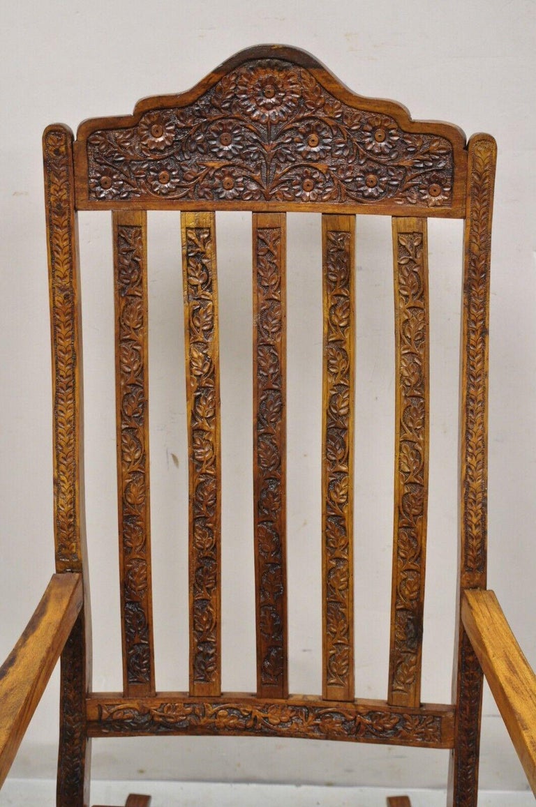 Vintage Anglo Indian Carved Teak Wood Rocking Chair Rocker For Sale at